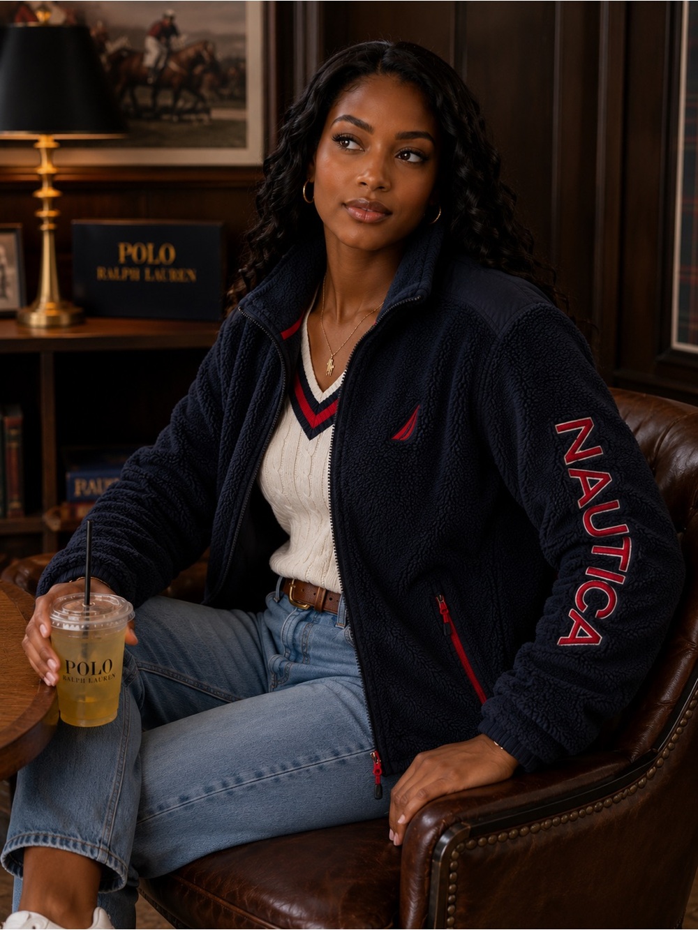Retro 90s Nautica Women's Navy Sherpa Jacket with Red Accents